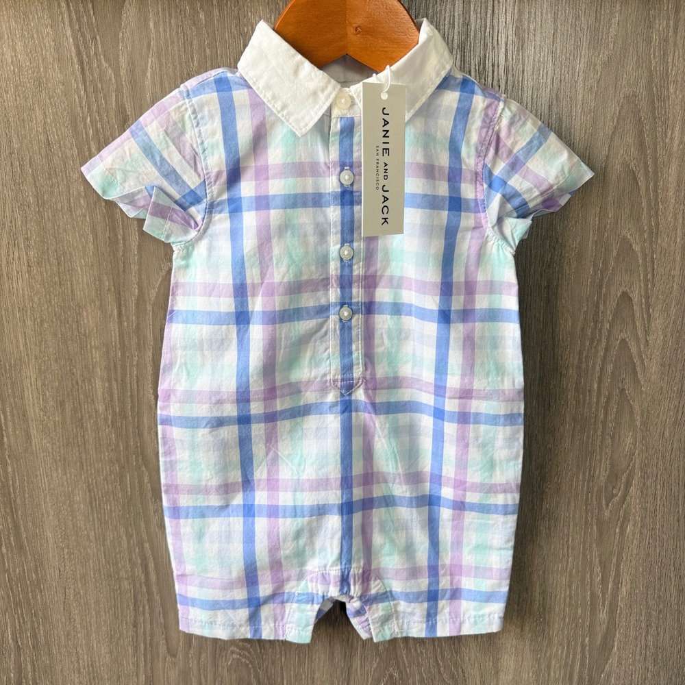 Janie and Jack Plaid Romper Boys 3-6m Blue Purple Preppy Easter Collared NWT